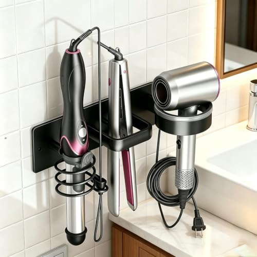 3-in-1 Aluminum Hair Dryer Holder, Matte Black Styling Tools Rack | No Drill Heat Resistant Wall Hair Tool Stand for Blow Dryer, Flat Iron & Curling Iron, Bathroom Rental Homes, No Wall Damage - size: B