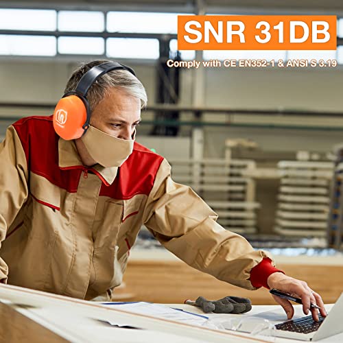 LYSIAN 31dB Hearing Protection Earmuffs, Foldable Adjustable Safety Ear Muffs for Shooting, Construction, Lawn Mowing, Adults - color: Fluorecent Orange