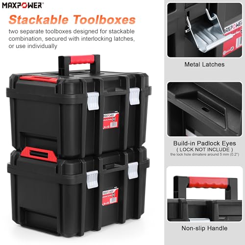 MAXPOWER 16-inch Stackable Tool Box, with Metal Latches, Removable Tray - size: 16", style: 16" black