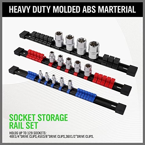 SWANLAKE 9-Piece Premium Socket Holder Organizer Set, 1/4-Inch x 48 Clips, 3/8-Inch x 45 Clips, 1/2-Inch x 36 Clips, Premium Quality Socket Clip Rail Holder - style: 9PCS Blue&Red&Black