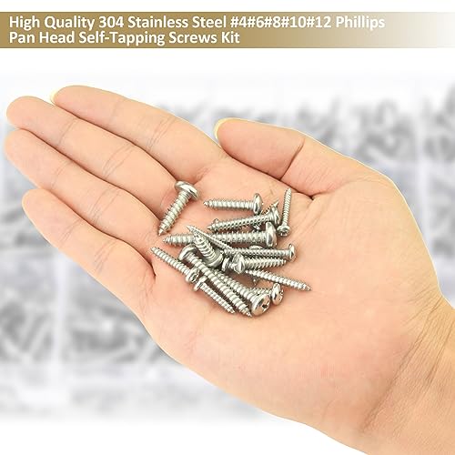 542 Pieces #4#6#8#10#12 Phillips Pan Head Self-Tapping Screws, Wood Screws Assortment Kit, 304 Stainless Steel - size: #4#6#8#10#12