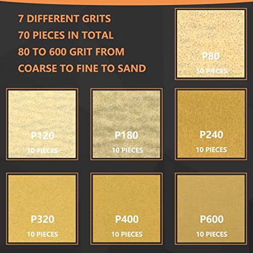 70 Sheets Micro Detail Sander Paper Kit with 3.5”x 1”Hand Sanding Block - style: Yellow 80-600 Grit