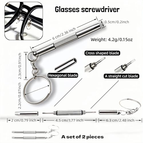 Glasses Repair Kit, 2-Pack 3-in-1 Precision Screwdriver Set with Keychain, Mini Stainless Steel Screwdriver Tool for Eyeglasses, Sunglasses, Phone, Watch, Laptop, and Jewelry (Flathead, Phillips, Hex)