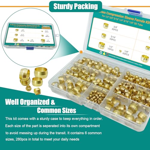280PCS Brass Compression Sleeves Ferrules, Compression Fitting Ferrule Kit | 6 Sizes 1/2" 3/8" 5/16" 1/4" 3/16" 1/8" Tube OD for Air Water Fuel Oil and Inert Gases Line Repair - color: 280PCS Sleeves Ferrules