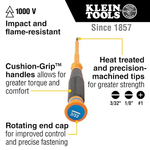 Klein Tools 6273INS Insulated Precision Screwdriver, 1/16-Inch Mini Electrician Screwdriver, 1000-Volt Cushion Grip Handle - style: 1/16-Inch Slotted