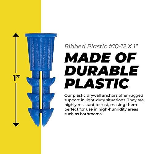 Qualihome Ribbed Plastic Drywall Anchors - Wall Anchors for Drywall - Plastic Screw Anchors for Secure Fastening (Bulk Pack, #10-12 x 1) - size: #10-12 x 1", style: Bulk Pack