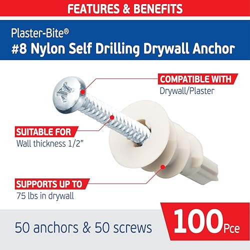 Self-Drilling Drywall Anchors with Screws (50 Anchors & 50 Screws) – Premium Nylon 66 Hollow Wall Anchors for 3/8"-5/8" Drywall – Shock-Resistant Hold, Easy Install - 75lb Holding Strength
