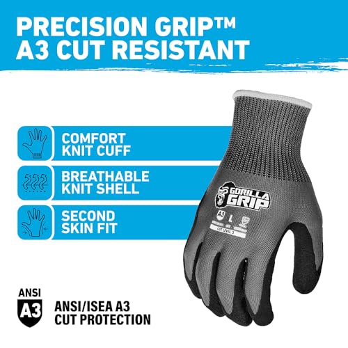 Gorilla Grip A3 Cut Resistant Work Gloves, Nitrile Coated - Large (27227-212B) - color: Grey A3, size: Large