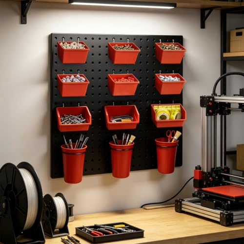 Pegboard Bins Cups with Hooks & Loops 12 Pack Peg Board Organizer (Red) - color: Red