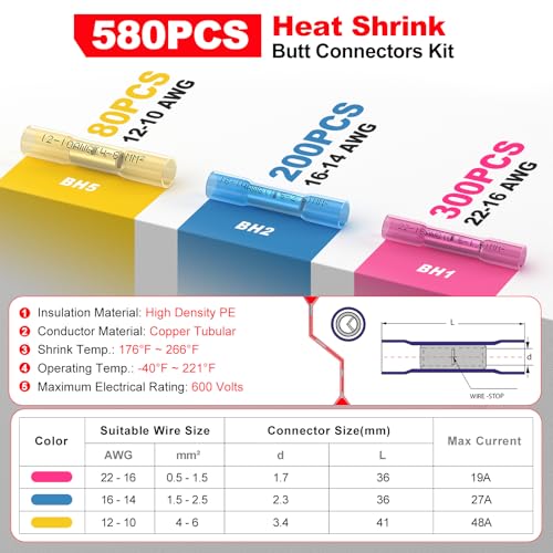 Heat Shrink Wire Butt Connector Kit Marine Waterproof Crimp Splice Terminal - size: 580 PCS