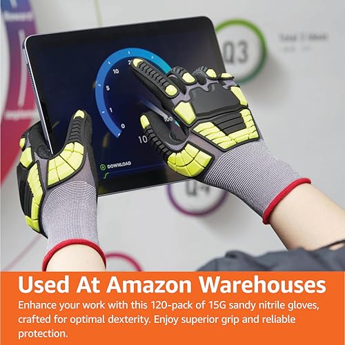 Amazon Basics Cut Level A1, Abrasion ANSI Level A4, Impact Protection Gloves with Touch Screen Friendly 15G Sandy Nitrile Palm, Pack of 120 Pairs, Yellow, Size Small - size: Small