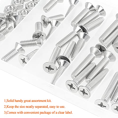 HELIFOUNER 50 Pieces 1/4-20 x 1/2" 3/4" 1" 1-1/4" 1-1/2" Phillips Countersunk Head Screws Nuts Washers Assortment Kit, Coarse Thread, Fully Machine Threaded, 304 Stainless Steel - size: 1/4-20