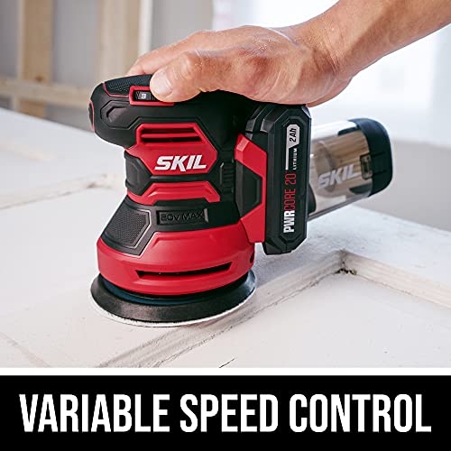 SKIL PWRCore 20 20V Brushed 5" Random Orbital Sander, Variable Speed, Includes 3pc Sandpaper, Dust Box, 2.0Ah Battery and Charger - SR6604B-10 - style: 20V Sander Kit