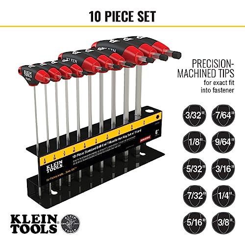 Klein Tools JTH610EB Ball End T-Handle Hex Key Set, SAE Inch Sizes Allen Wrench Set with 6-Inch Blades, Stand Included, 10-Piece - size: 10 -Piece