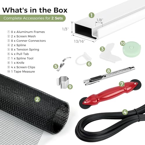 FLYZZZ 2-Pack Window Screen Frame Kit, Heavy-Duty DIY Window Screen Replacement Kit up to 48" x 60" with Upgraded Aluminum Frame (125g/m), Full Tool Set & Easy-Install Clips - size: 48" x 60"