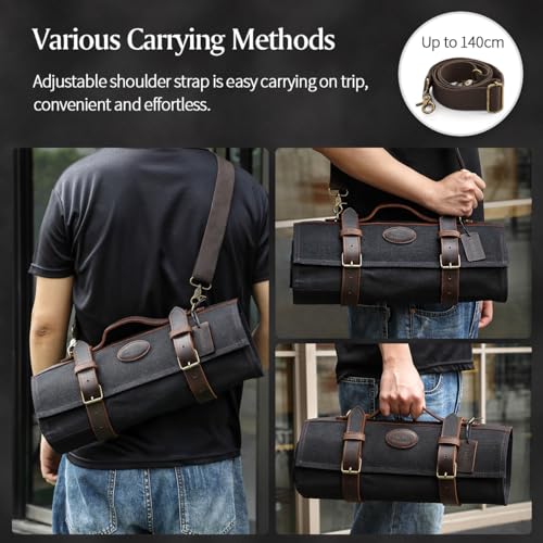 XINZUO Chef Knife Roll Bag Professional,16oz Waxed Canvas and Crazy Horse Leather,12 Slots Plus 2 Zipper Pockets,Adjustable Shoulder Strap-Travel Tool Roll Pouch(Bag Only) - color: Black