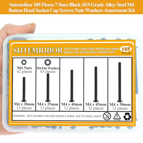 185 Pieces M4 x 30/35/40/45/50mm Button Head Socket Cap Screws Nuts Washers Set Black, Sutemribor M4 Long Screws, M4 Black Screws Nuts Washers Assortment Kit, 10.9 Grade Alloy Steel, Fully Threaded - size: M4 x 30/35/40/45/50mm Kit, style: Button Head