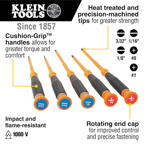 Klein Tools 6233INS Insulated Precision Screwdriver, #0 Phillips Mini Electrician Screwdriver, 1000-Volt, Cushion-Grip Handle - style: #0 Phillips
