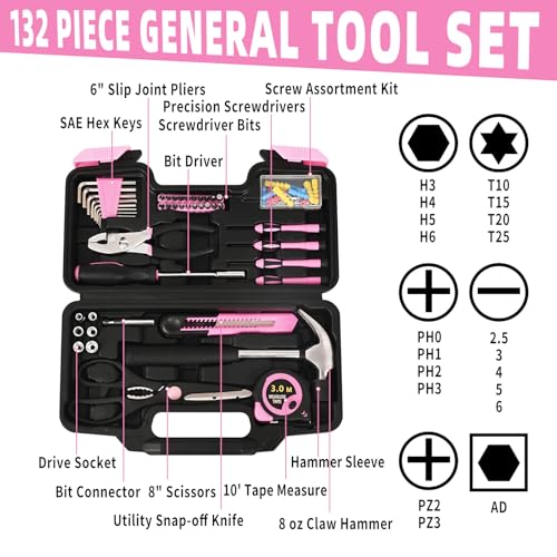 HANGYING 132-Piece Home Tool Kit for Women with Plastic Toolbox Pink - color: Light Pink