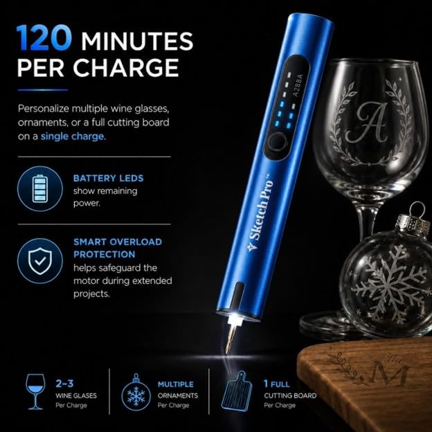 SketchPro Cordless Engraving Pen with LED Light – 3-Speed Precision Etching Tool for Wood, Metal, Glass & Plastic – USB-C Rechargeable, 26 Accessories – Ideal for DIY, Jewelry & Craft Projects