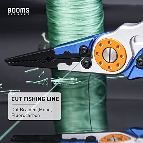 Booms Fishing X1 Aluminum Fishing Pliers Saltwater, Surf Fishing Tackle Kit, Fishing Multitool Hook Remover Braided Fishing Line Cutting and Split Ring with Coiled Lanyard and Sheath - color: Blue With Lock