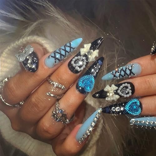3D Black Press on Nails Almond - Long Tip Fake Nails with Embossed Heart-shaped Bow&White Bead Designs, Glossy Finish Reusable False Nails for Women Manicure(3D Embossed design 26） - color: 3D Embossed design 26