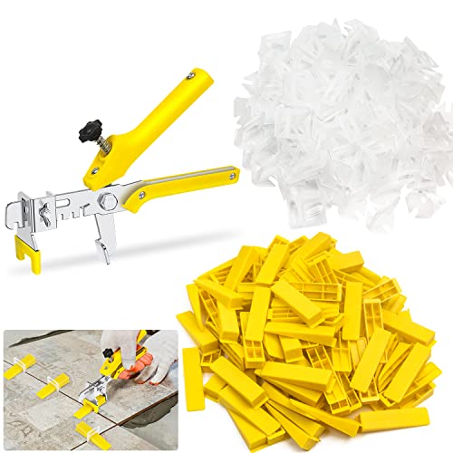 Tile Leveling System 1/8”Kit, 600pcs Tile Leveler Spacers Clips+200pcs Reusable Wedges+1pc Tile Pliers for Wall/Floor Tile Adjustment, Tile Leveler Tool Set for Tile & Stone Installation(1/8",Yellow) - size: 1/8"