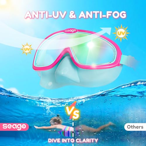 Seago Kids Swim Goggles with Nose Cover 2 Pack for 3-14 Anti-Fog Clear View - color: Pink Green & Blue White