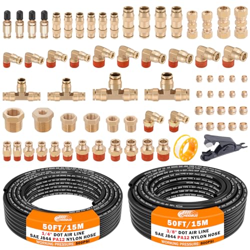 CheeMuii 72 PCS Brass DOT Air Line Fittings with 1/4" & 3/8" DOT Air Hoses - size: 2ROLL-76PCS