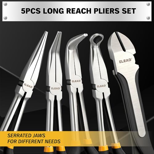 5-Piece 11 Inch Long Needle Nose Pliers Set with 4 Magnetic Plier Racks, Extra Long Reach Pliers Set, 45° & 90° Bent Needle Nose Pliers, Circle Nose and Diagonal Pliers for Tight Spaces - style: 5pcs Long Needle Nose