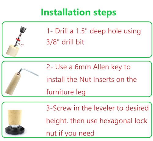 Furniture Levelers- Adjustable PTFE(Teflon) -Bottomed Pads,Table, Chair Leveling Glides, Legs-Pack of 16 with nut Inserts-Helps Furniture Slide Glides- Hardwood Floor Protectors- Leveling feet（T16）
