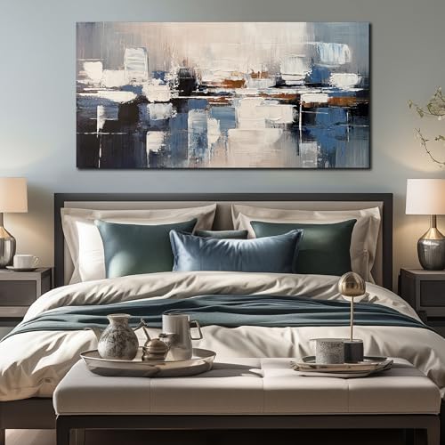 AUUZAIUA Abstract Canvas Wall Art Blue and White Oil Painting 29x58 Inch - size: 29"L x 58"W