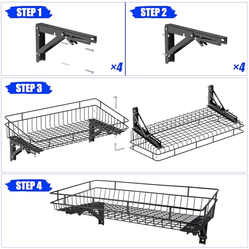 ULIBERMAGNET Large Folding Garage Shelf,Heavy Duty Wire Basket Storage Shelving,400LB Wall Mounted Storage DIY Folding Utility Racks for Garage, Office, Basement, Closet, Kitchen, Laundry - size: 400LB Folding Storage Baskets