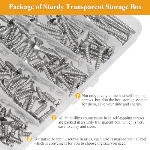 145 Pieces #8 x 1/2" 5/8" 3/4" 1" 1-1/4" Wood Screws Set, Phillips Countersunk Head #8 Self-Tapping Screws Assortment Kit, 304 Stainless Steel - size: #8, style: Phillips Countersunk Head