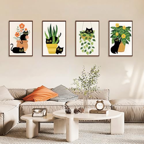 4 Pack Paint by Numbers Kit for Adults with Frame, Black Cat & Green Plant - color: OP4FUS2506-04