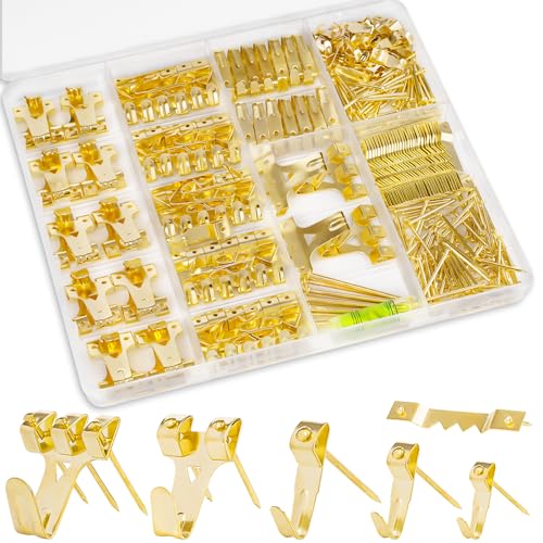 KURUI Picture Hangers, 385Pcs Picture Hanging Kit with Heavy Duty Picture Hanging Hooks, Sawtooth, Hardware Nails and Picture Hanging Tool, Wall Hangers for Frame, Painting, Art, Photo (Gold) - color: Gold
