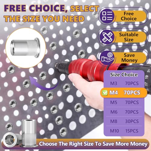 70Pcs M4-0.7mm Rivet Nut Set Flat Head 304 Stainless Steel | High Ductility, For Auto, Furniture & Industrial Use, Storage Case Included. - size: 70Pcs-M4
