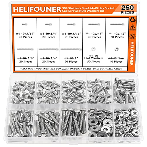 HELIFOUNER 250 Pieces #4-40 x 3/16" 1/4" 5/16" 3/8" 1/2" 5/8" 3/4" 1", Hex Socket Head Cap Screws Bolts Washers Nuts Kit, Coarse Thread, Fully Machine Threaded, 304 Stainless Steel - size: #4-40, style: Socket Head