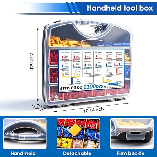 smseace 1100Pcs Wire Connectors Kit with Crimping Tool Packed in Handheld box 22-10AWG Insulated Wire Crimp Spade/Fork/Ring/Butt Electrical Speaker Wire Connector - size: 1100Pcs