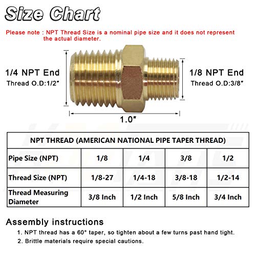 KOOTANS 1/4 NPT x 1/8 NPT Male Solid Brass Hex Nipples,4 PACK - size: 1/4 NPT x 1/8 NPT (O.D x O.D: 1/2'' x 3/8'')