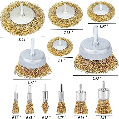 Wire Brush Wheel Cup Brush Set, 12 Pack Coarse Crimped Brass 1/4 Inch Shank Wire Wheel for Drill Attachment