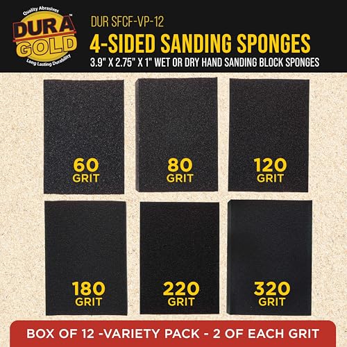 Dura-Gold 4-Sided Hand Sanding Block Sponge Variety Pack, Box of 12, Grits 60, 80, 120, 180, 220, 320-3.9" x 2.75" x 1" Wet or Dry Flexible Sandpaper Pads, Reusable - Sand Wood, Drywall, Metal Paint - style: 12 Variety Pack