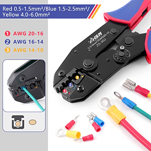 Zhushan Ratcheting Electrical Wire Crimper, 30J Crimping tool (AWG 20-10/0.5~6mm²) for Insulated Butt Bullet Spade Fork Ring Solderless Terminals, Ratchet Insulated Terminal Crimper - style: ZS-30J Crimping Tool