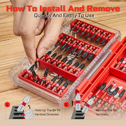 Geinxurn 49Pieces Impact Screwdriver Bits Set, Magnetic S2 Steel Phillips/Slotted/Square/Torx Insert Power Bits Tips, Impact Bit Holder with Red Storage Box Case - style: STKB049-RD