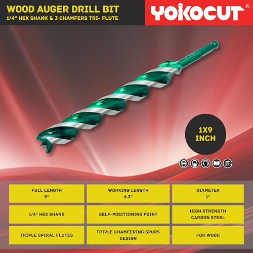 1" x 9" Auger Drill Bit for Wood, Hex Shank Tri-Flute Drill Bits, Ship Auger Long Drill Bit for Soft and Hard Wood, Plastic, Drywall, Tree Stump and Composite Materials - size: 1 Inch, style: Length: 9"