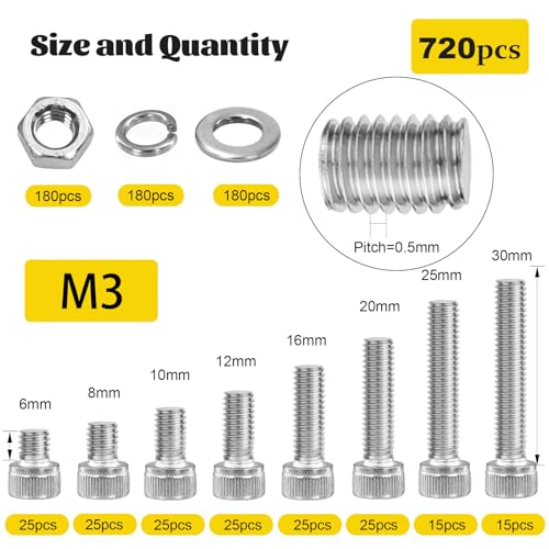 720PCS M3 Hex Socket Screw Assortment Kit,M3x6/8/10/12/16/20/25/30 mm - size: SS M3 720pcs