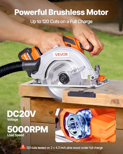 VEVOR 20V Cordless Circular Saw, 7-1/4" Brushless Circular Saw for Makita 18V Battery, 5000 RPM, 0-45 Degree Bevel Capability, LED Light, Kit with Battery and Charger Included, for Wood Cutting - size: 7-1/4 in