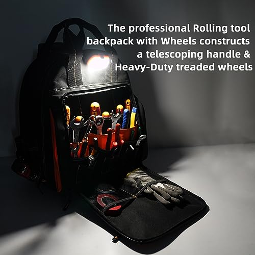 MELOTOUGH LED-Light Rolling Tool Bag Heavy-Duty 18" Wheeled Tool Organizer with Telescoping Handle for Electrician,Construction,HVAC,Service Technician,Plumbers, Repairs,Mechanic - color: Orange Rolling Tool Bag
