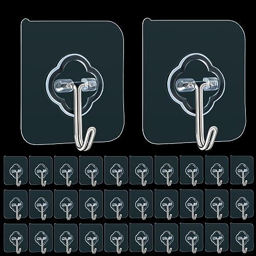DKHDBD Adhesive Hooks 32 Pack 33lb Transparent Reusable Removable