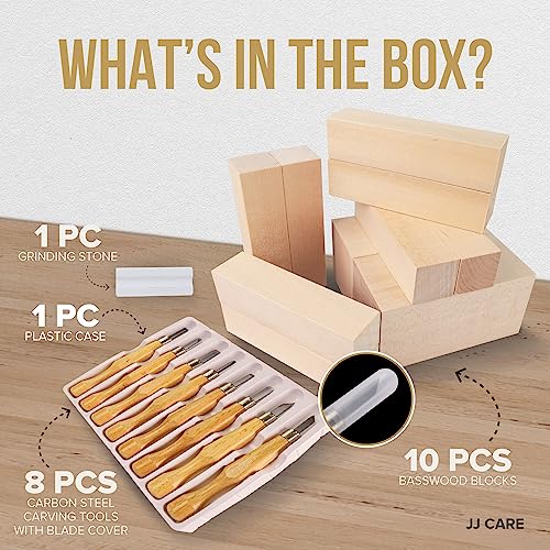 JJ CARE Wood Carving Kit [8 SK7 Carving Knives with Beechwood Handle, 10 Basswood Carving Blocks, Carrying Case, Whittling Book], Beginner Wood Carving Kit - size: Set B